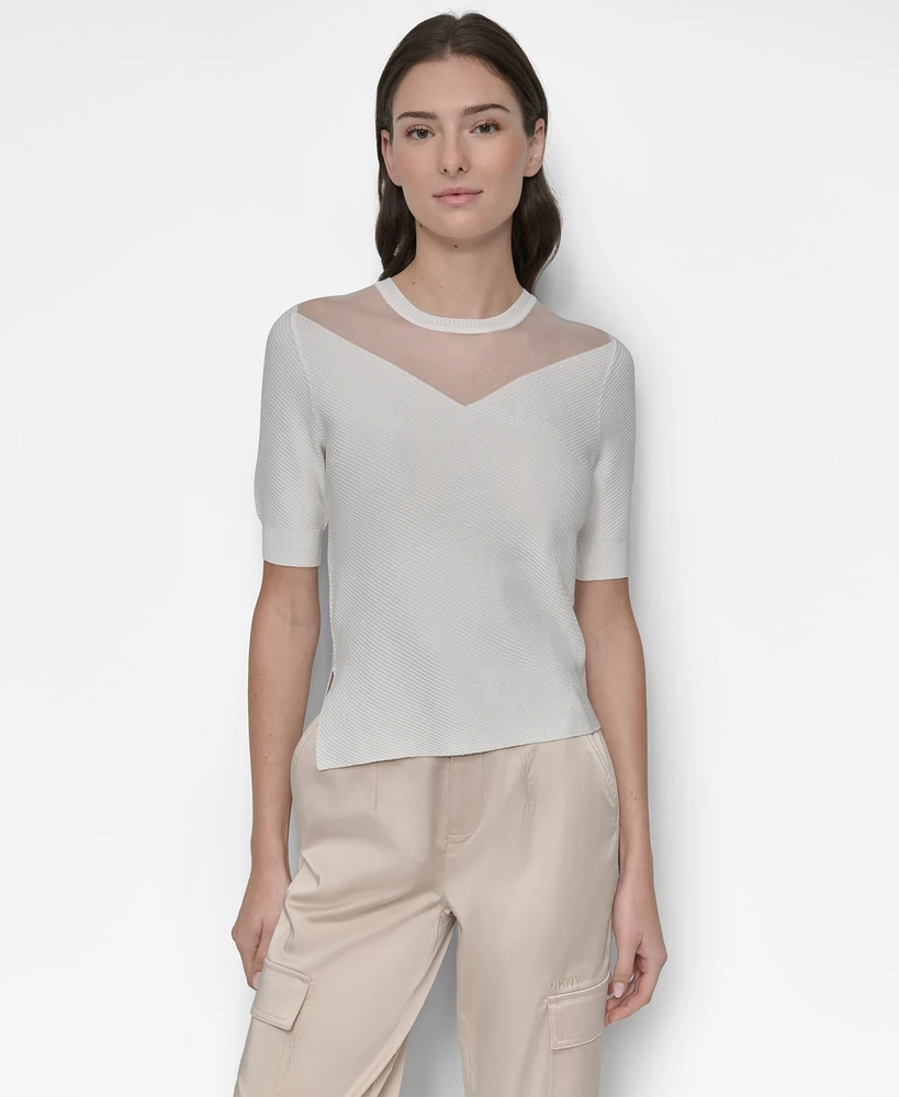 Dkny Women's Sheer-Yoke Short-Sleeve Crewneck Top