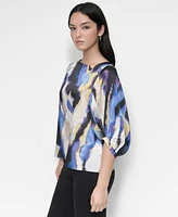 Dkny Women's Printed Asymmetric 3/4-Balloon-Sleeve Top