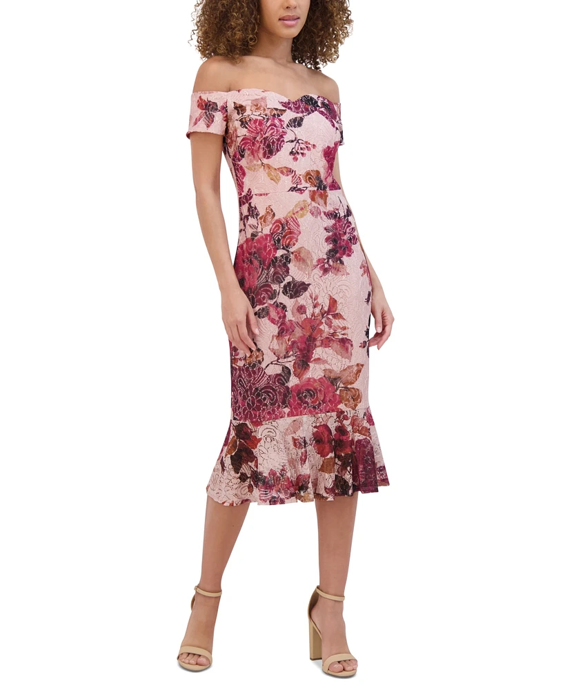 Siena Women's Off-the-Shoulder Printed Floral Lace Midi Dress