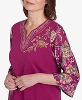 Alfred Dunner Women's Wine Country Embroidered Floral Sleeve Split Neck Top