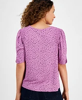 Democracy Petite Foil-Print Elbow-Sleeve Scoop-Neck Top