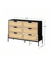6 Drawers Dresser For Bedroom, Natural Rattan Drawer With Spacious Storage, Wood Chest Of Drawers With Metal Legs For Bedroom, Living Room, Hallway, E