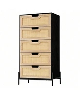 gaomon Modern Rattan 5 Drawers Dresser, Double Dresser For Bedroom, Chest Of Drawers Closet Organizers And Storage Clothes For Bedroom Living Room Hal