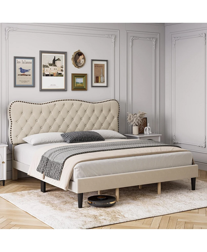 gaomon Linen Fabric Upholstered Bed Frame, Modern Platform Bed Mattress Foundation with Adjustable Headboard