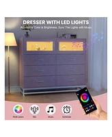 gaomon Dresser For Bedroom With Led Lights And Charging Station, 6 Drawer Double Dresser With 2 Shelves, Wide Modern Wooden Chest Of Drawers For Bedro