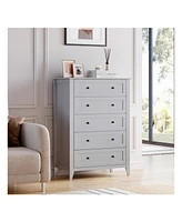 Modern 5 Chest Of Drawer Dresser, Modern Tall Nightstand With Deep Drawers And Nickel Round Handle, Wood Organizer Storage Cabinet For Bedroom, Living