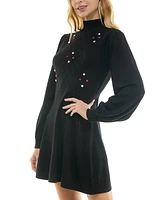 Crystal Doll Juniors' Rosette Turtleneck Blouson-Sleeve Sweater Dress