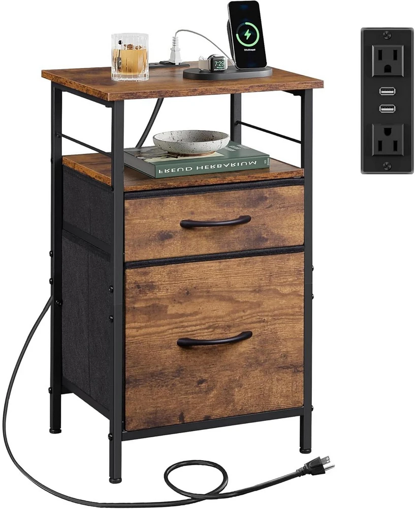 Wlive Nightstand with Charging Station, End Table with 2 Fabric Drawers for Storage, Small Bedroom Dresser, Side Table for Living Room, 2 Usb Ports an