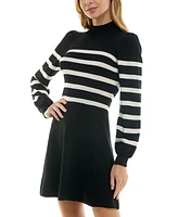 Crystal Doll Juniors' Striped Mockneck Blouson-Sleeve Sweater Dress