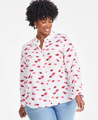 On 34th Trendy Plus Lip Party Printed Blouse, Exclusively at Macy's