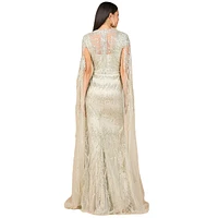 Lara Women's V - Neck Gown with Long Cape Sleeves and Feathers