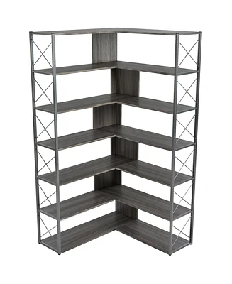 Slickblue Silver and Grey 7-Tier Bookcase - L-Shaped Corner Bookshelf with Metal Frame, Industrial