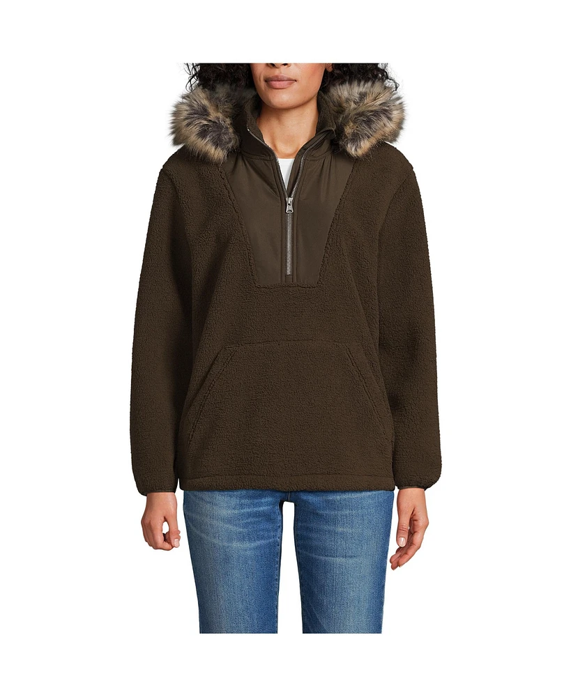 Lands' End Women's Hooded Half Zip Faux Fur High Pile Fleece Pullover