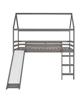Slickblue Twin Loft Bed with Slide - Fun House Bed Design for Kids' Bedrooms, Perfect for Playtime and Sleepovers