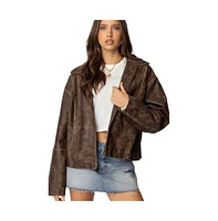 Edikted Women's Oversized Washed Faux Leather Jacket - Brown