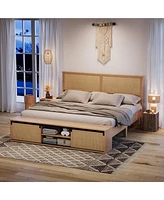gaomon Queen Bed Frame with Natural Rattan Headboard