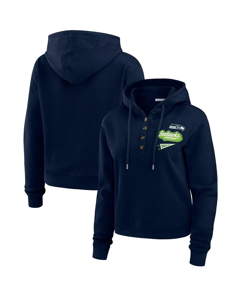 Wear by Erin Andrews Women's Navy Seattle Seahawks Waffle-Knit Pullover Hoodie