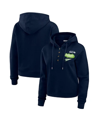 Wear by Erin Andrews Women's Navy Seattle Seahawks Waffle-Knit Pullover Hoodie