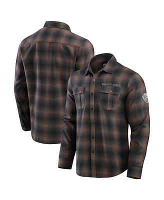 Fanatics Men's Tan/Charcoal Milwaukee Brewers Classic Flannel Long Sleeve Button-Up Shirt