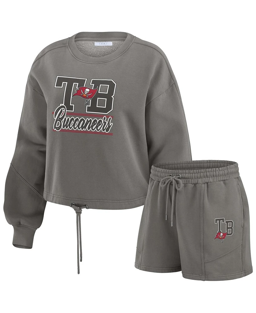 Wear by Erin Andrews Women's Pewter Tampa Bay Buccaneers Washed Fleece Long Sleeve T-Shirt Shorts Lounge Set