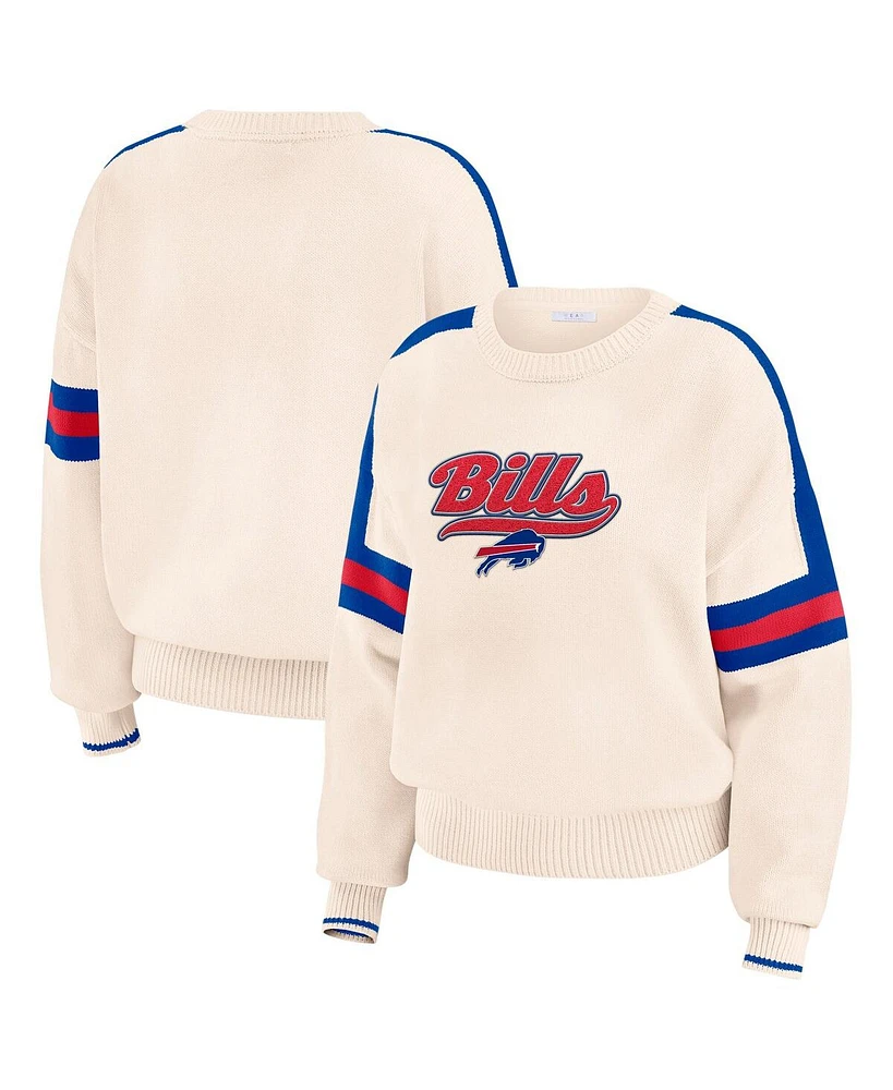 Wear by Erin Andrews Women's Cream Buffalo Bills Stripe Pullover Sweater