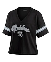 Wear by Erin Andrews Women's Black Las Vegas Raiders Color Block Boxy Modest Crop V-neck T-shirt