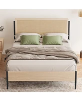 gaomon Queen Bed Frame with Rattan Headboard, Platform Bed with Strong Metal Slat Support