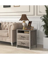 Gymax 2 Pcs Nightstand w/ 2 Drawers Farmhouse Bed Side Table w/ Open Storage Shelf