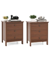 Gymax Set of 2 3-Drawer Nightstands Wooden Bedside Table Modern Side End Table Walnut