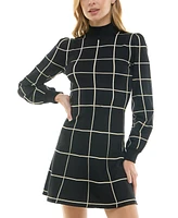 Crystal Doll Juniors' Metallic Windowpane Print Turtleneck Sweater Dress