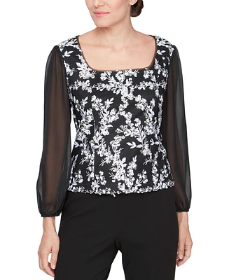 Alex Evenings Petite Sheer-3/4-Sleeve Embroidered Stretch Tulle Top