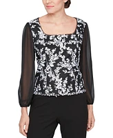 Alex Evenings Petite Sheer-3/4-Sleeve Embroidered Stretch Tulle Top