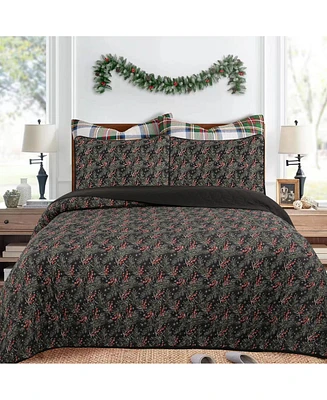 MarCielo 3 Pcs Festive Christmas Quilt Bedspread Set Holiday Bedding Holly Berry Tree Queen