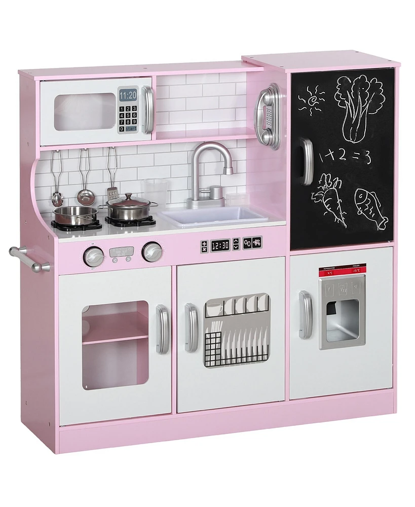 Qaba Play Kitchen, Kids Kitchen Playset w/ Phone & Chalkboard, Pink