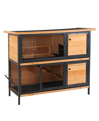 Streamdale Furniture 48" 2-Story Large Rabbit Hutch Bunny Cage Wooden Pet House Metal Frame with Individual Room, Ramp, No Leak Tray, Feeding Trough,