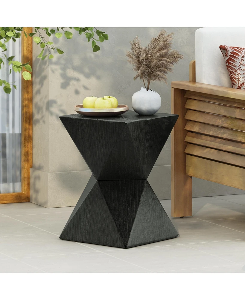 14.25" Black Concrete Side Table with Rustic Hand-Carved Texture and Unique Symmetric Form – Weather-Resistant Accent for Patio, Garden, or Bal