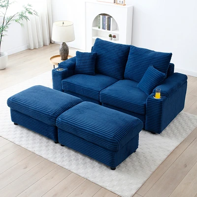 Loveseat with Ottomans,Corduroy Fabric Modular Sectional Sofa,Comfy Deep Plush Couch with Ottomans and Two Pillows,for Small Spaces, Living Room,Bedro