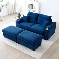 Loveseat with Ottomans,Corduroy Fabric Modular Sectional Sofa,Comfy Deep Plush Couch with Ottomans and Two Pillows,for Small Spaces, Living Room,Bedro