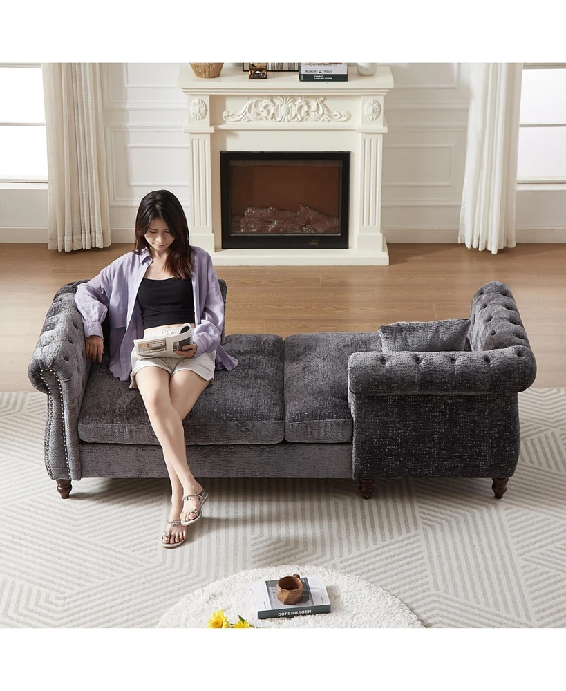 Streamdale Furniture 81-inch Chenille Face-to-face Chaise Lounge with Two Pillows,Nailhead trim,Button Tufted Design and Rolled Arms for Lounge, Livin