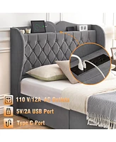 gaomon Full Size Grey Velvet Bed Frame with 4 Convenient Storage Drawers, Wingback Headboard with Charging Station