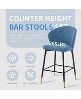 Counter Height Bar Stools Set of 2, Jacquard Upholstered Bar Chairs, Metal Footrest and Frame for Kitchen,Dining Room,28"H Seat Height, Blue
