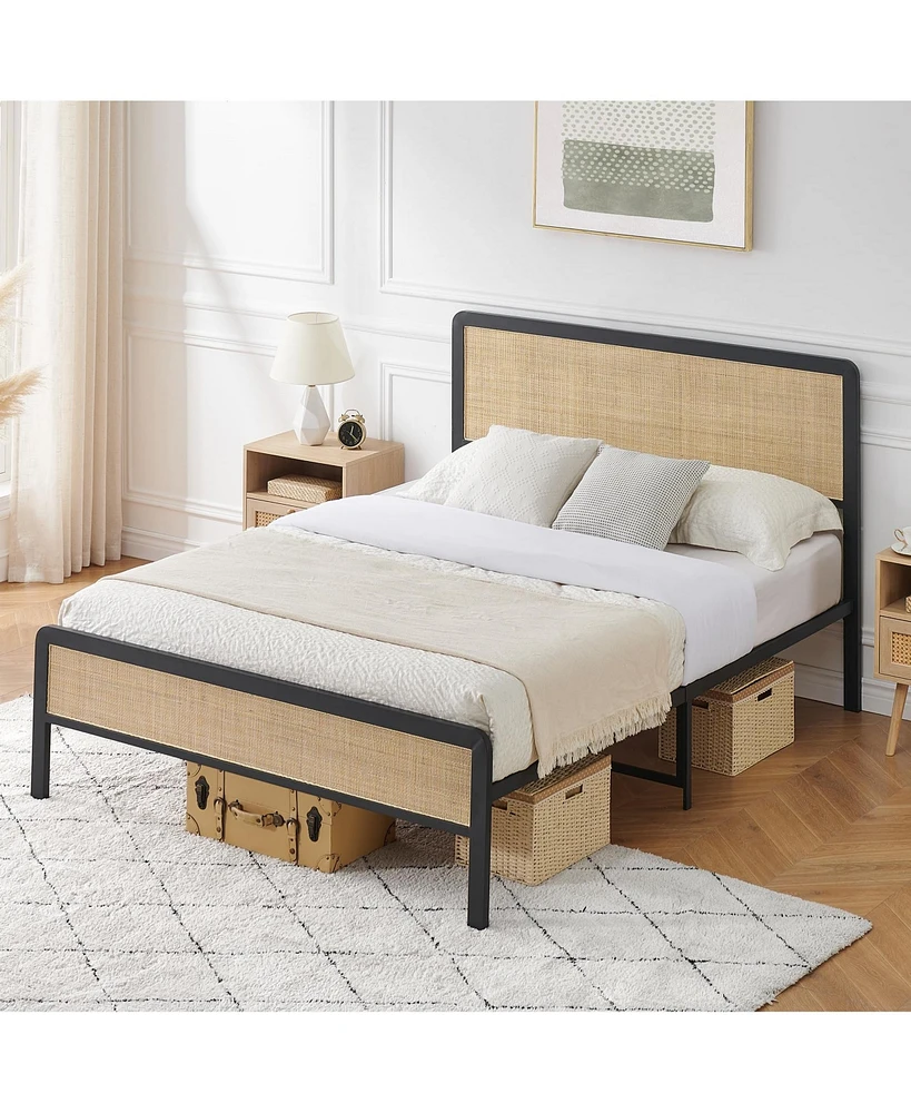 gaomon Queen Size Metal Bed Frame, Queen Size Bed Frame with Rattan Headboard