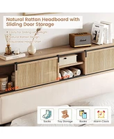 gaomon Rattan Full Bed Frame with Sliding Door Shelf Headboard, Bohemian Rattan Bed Frame Full Size with Shelves