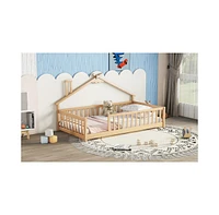 Slickblue Twin House-Shaped Bedside Floor Bed with Guardrails, Slats, without Door