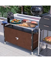 Outdoor Grill Cart with Stainless Steel Tabletop, Storage, Patio Kitchen Island with Wheels, Hooks, and Spice Rack, Waterproof Outdoor Grill Table, Mo