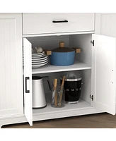 46.2'' Multi-Storage Kitchen Island with Rubber Wood Tabletop, Large Farmhouse Kitchen Cart with Adjustable Shelves and Drawers, Dinning Table Bar wit