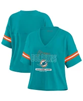 Wear by Erin Andrews Women's Aqua Miami Dolphins Color Block Boxy Modest Crop V-neck T-shirt