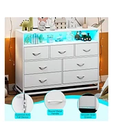 gaomon White Dresser For Bedroom, Modern 7 Drawers Long With Charging Station And Led Lights Design