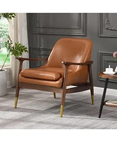 Streamdale Furniture 29.2'' Mid-Century Faux Leather Accent Chair with Cushioned Seat, Solid Wood Frame, and Brass-Tipped Legs – Perfect for Li