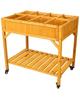 Elevated 8 Pocket Herb Garden Bed, Mobile Raised Customizable Wood Planter for Herbs, Vegetables, Flowers w/ Lockable Wheels, Storage Shelf, Drainage